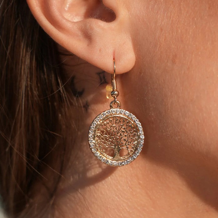 Gold Earrings - Tree Of Life - Rhinestones