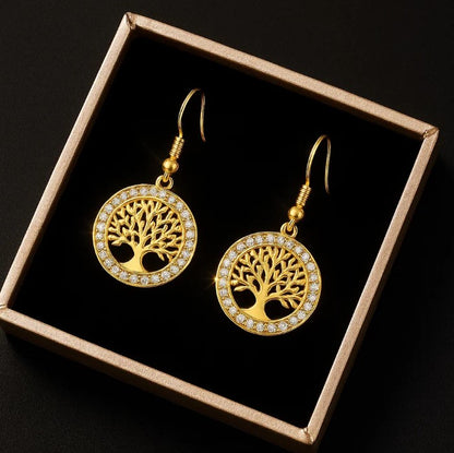 Gold Earrings - Tree Of Life - Rhinestones
