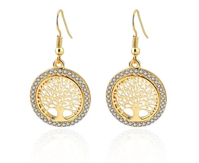 Gold Earrings - Tree Of Life - Rhinestones