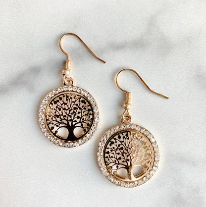 Gold Earrings - Tree Of Life - Rhinestones