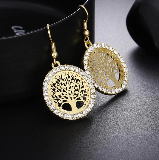 Gold Earrings - Tree Of Life - Rhinestones