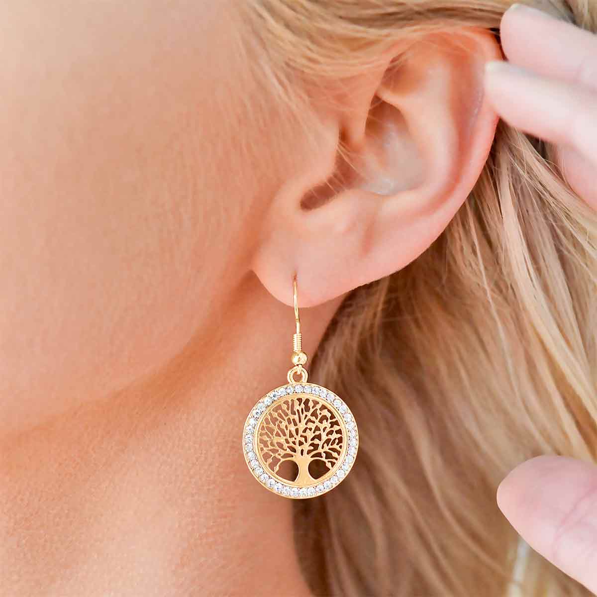 Gold Earrings - Tree Of Life - Rhinestones