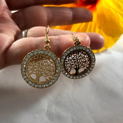Gold Earrings - Tree Of Life - Rhinestones