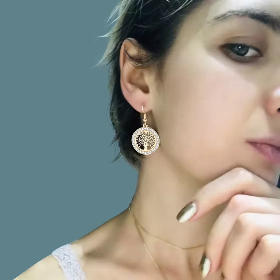 Gold Earrings - Tree Of Life - Rhinestones